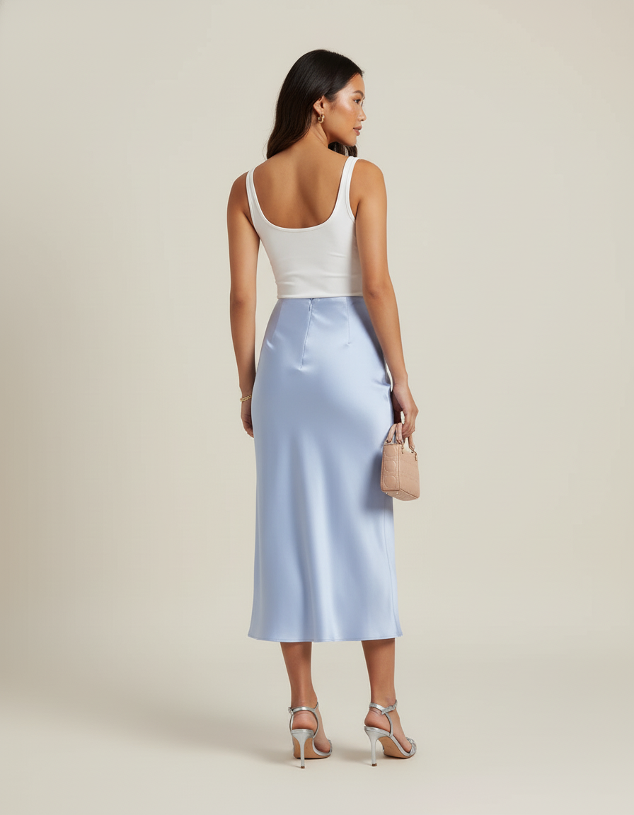 Jupe Satin Bleu Ciel Fluide Élégante