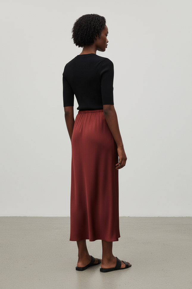 Jupe Satin Bordeaux Longue Fluide