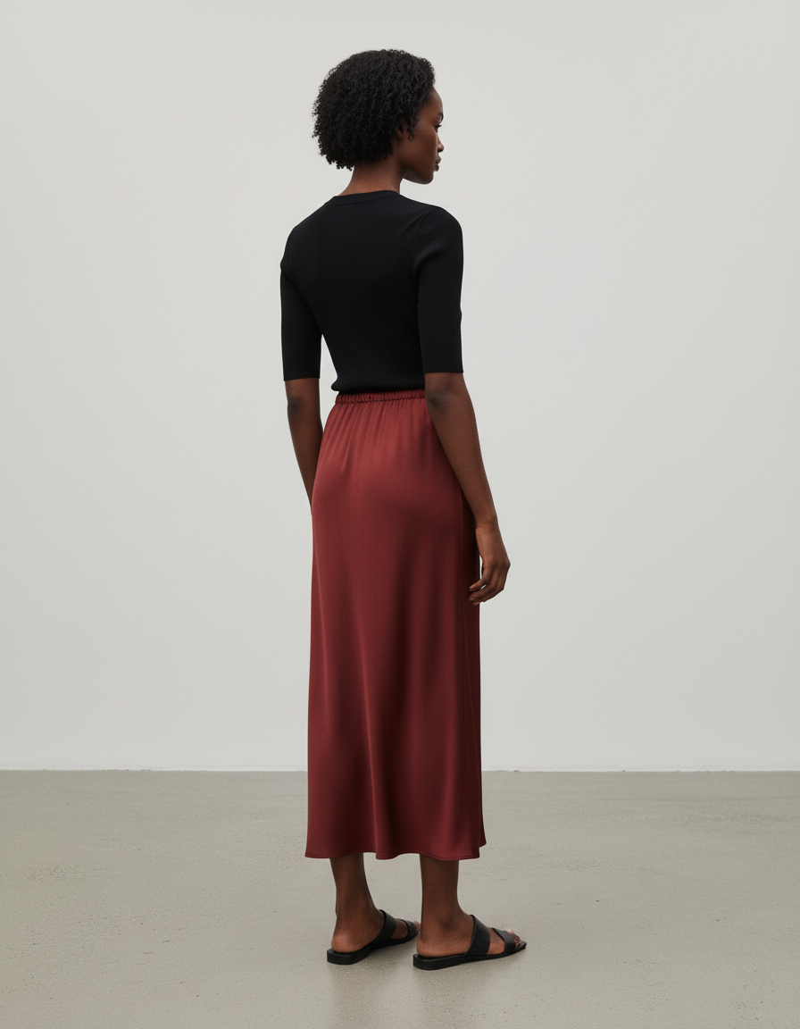 Jupe Satin Bordeaux Longue Fluide