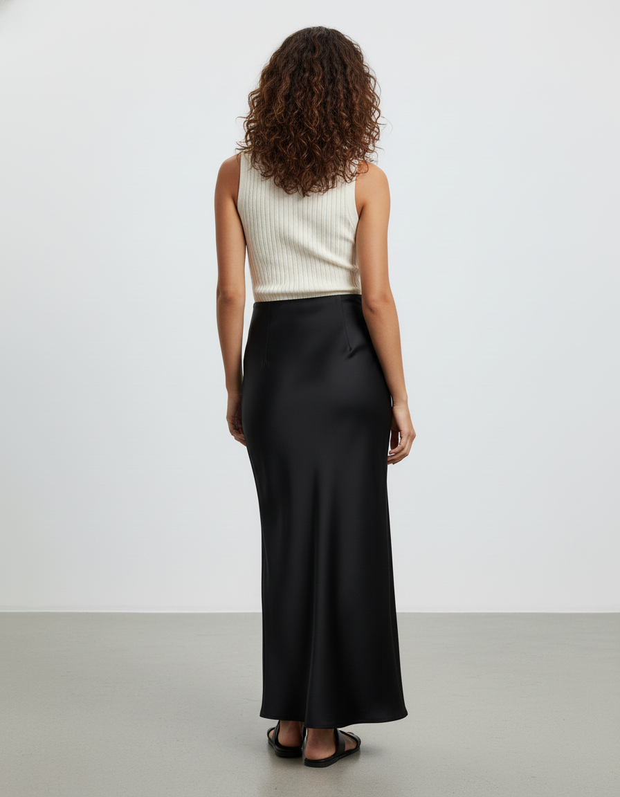 Jupe Satin Noire Fluide Élégante Urbaine