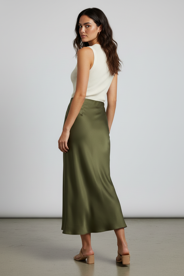 Jupe Satin Vert Olive Longue Élégante