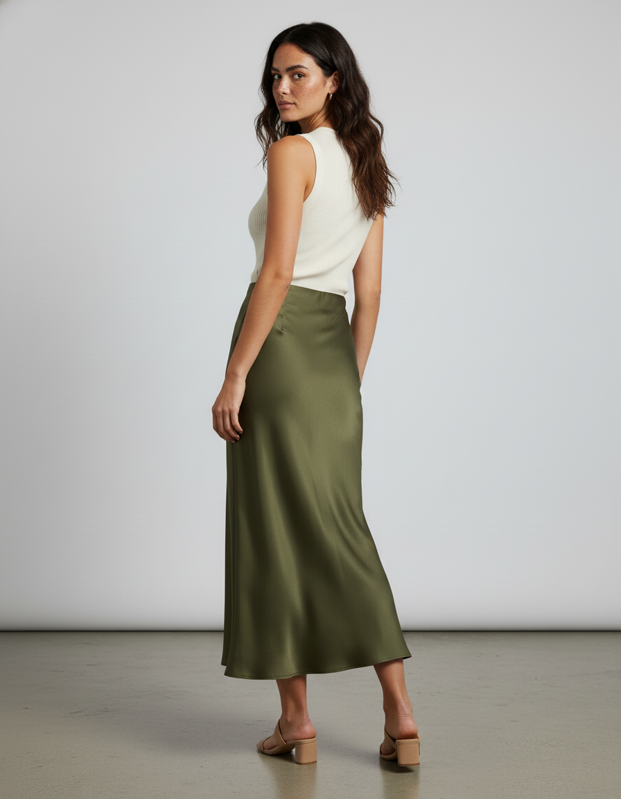 Jupe Satin Vert Olive Longue Élégante