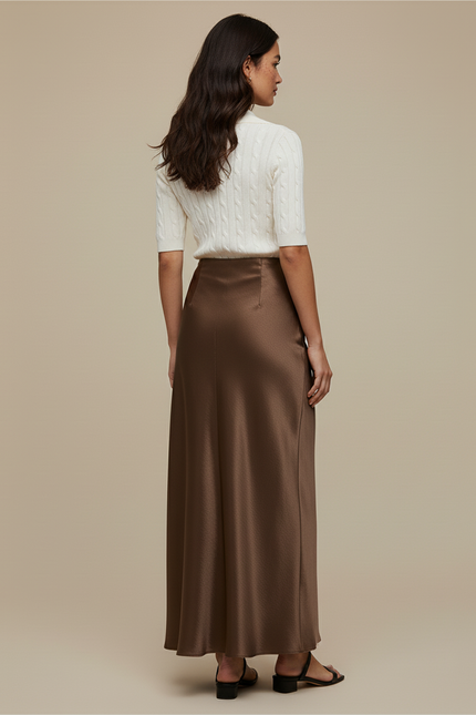 Jupe Satin Marron Longue Élégante Raffinée