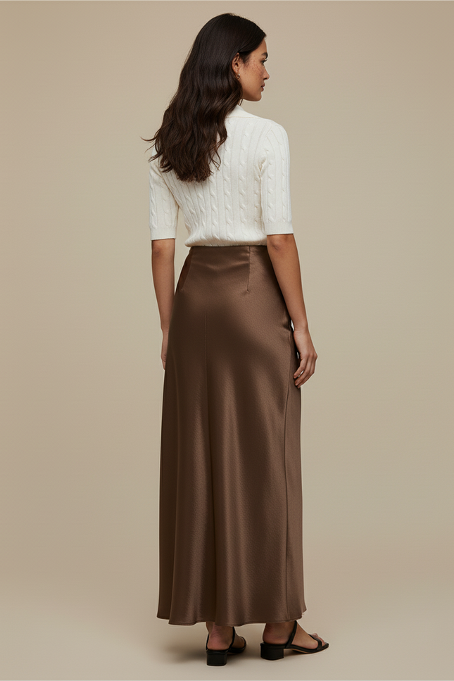 Jupe Satin Marron Longue Élégante Raffinée