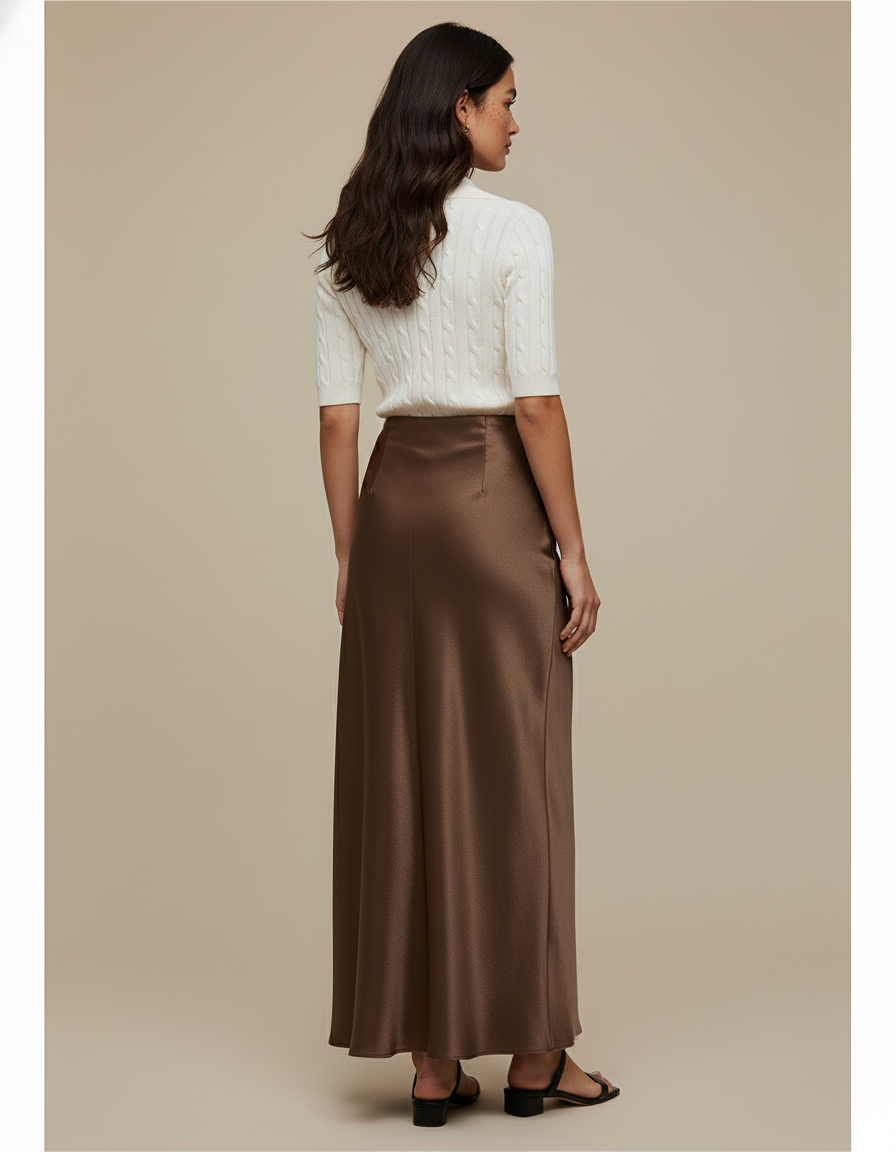 Jupe Satin Marron Longue Élégante Raffinée