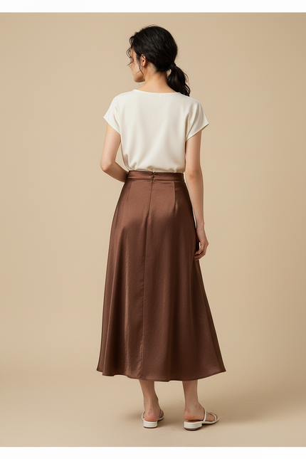 Jupe Satin Marron Évasée Élégante Fluide