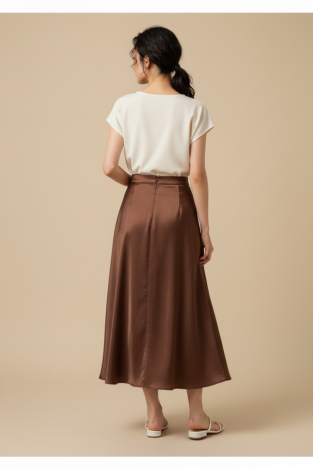 Jupe Satin Marron Évasée Élégante Fluide