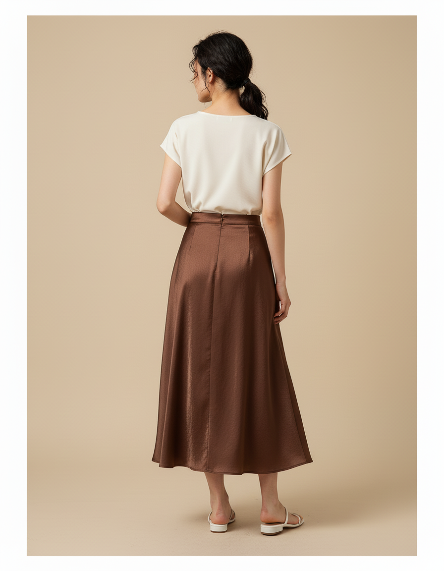 Jupe Satin Marron Évasée Élégante Fluide