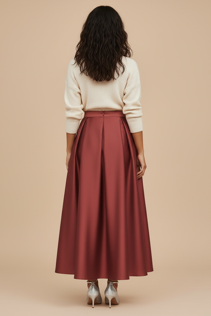 Jupe Plissée Longue Rouge Satin