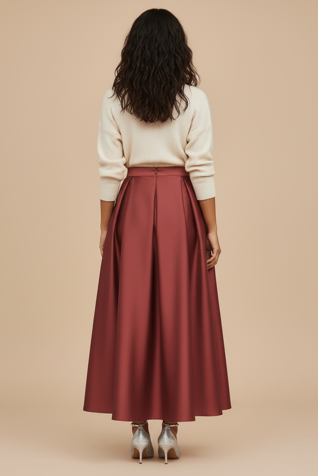 Jupe Plissée Longue Rouge Satin