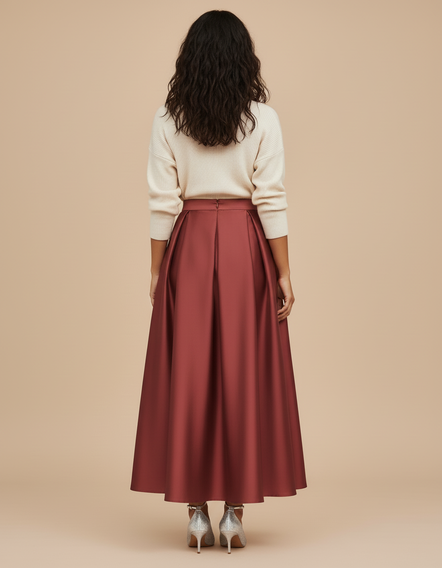 Jupe Plissée Longue Rouge Satin