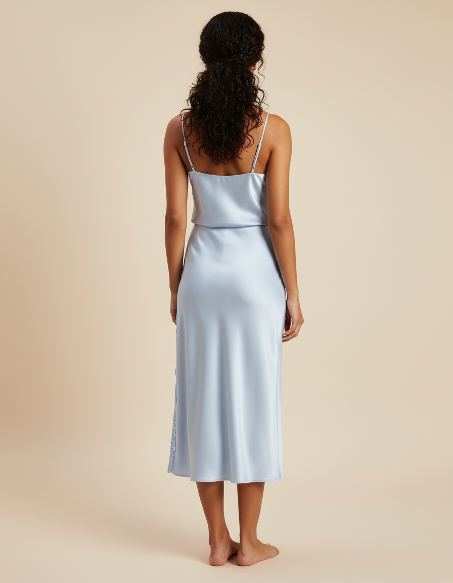 Jupe Satin Bleu Pâle Dentelle Élégante