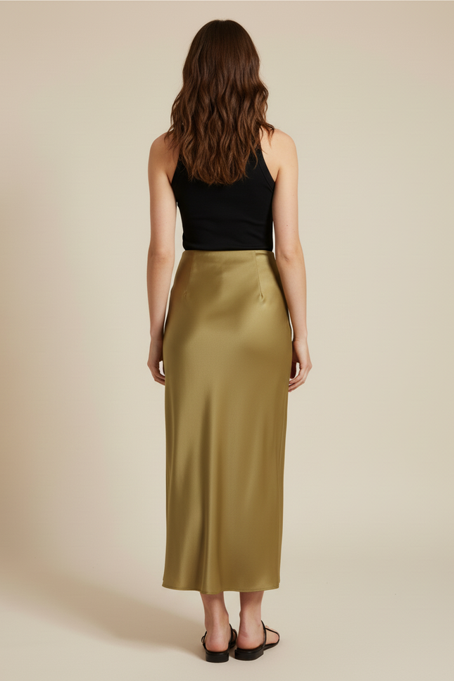 Jupe Satin Vert Olive Longue Élégante Naturelle