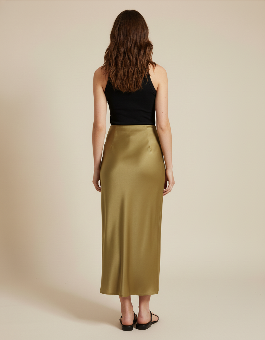 Jupe Satin Vert Olive Longue Élégante Naturelle