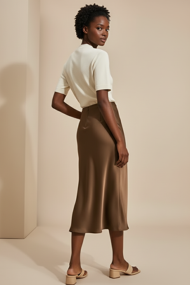 Jupe Satin Marron Fluide Élégante Souple