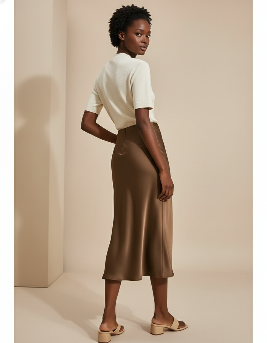 Jupe Satin Marron Fluide Élégante Souple