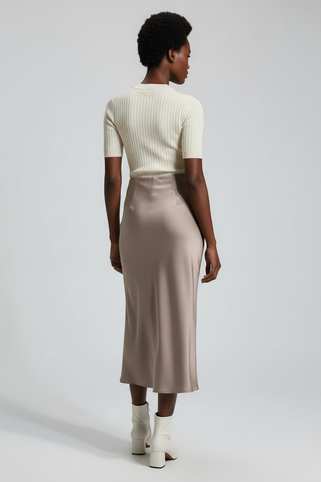 Jupe Satin Taupe Longue Fluide