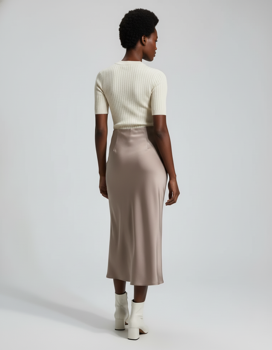 Jupe Satin Taupe Longue Fluide