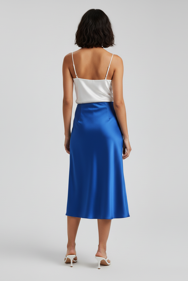 Jupe Satin Bleue Fluide Élégante Marine