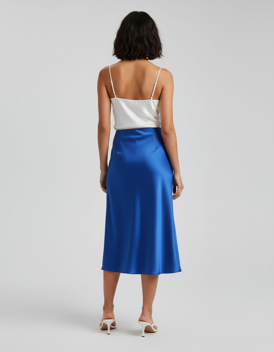 Jupe Satin Bleue Fluide Élégante Marine