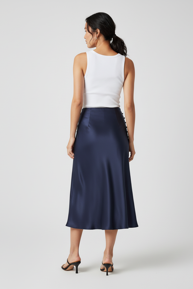 Jupe Satin Bleu Marine Évasée Fluide