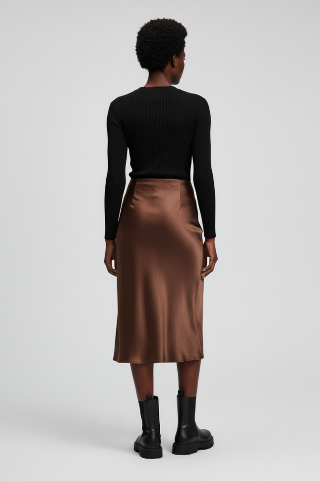 Jupe Satin Midi Marron Élégante