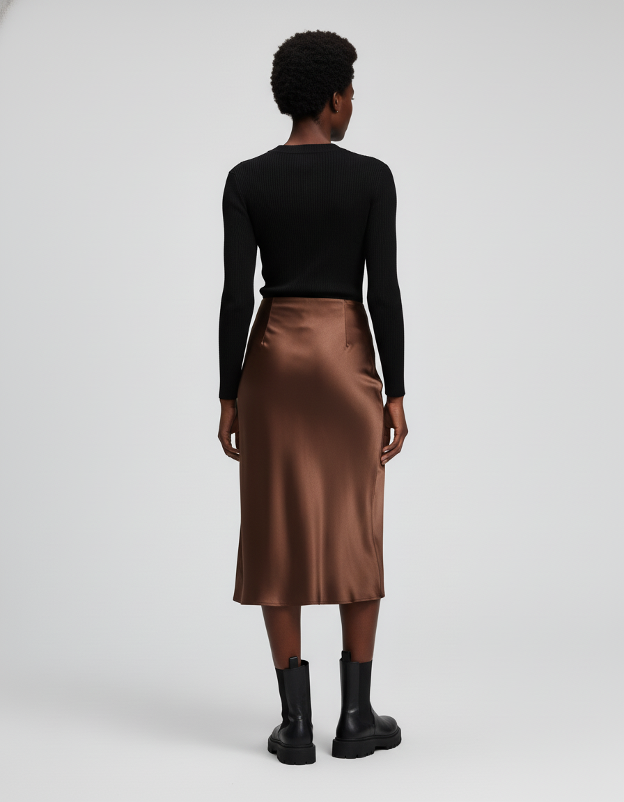 Jupe Satin Midi Marron Élégante