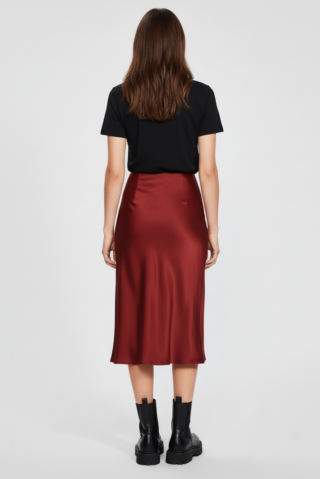 Jupe Satin Bordeaux Midi Élégante