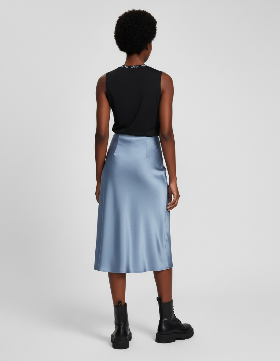 Jupe Satin Bleu Poudré Fluide Élégante
