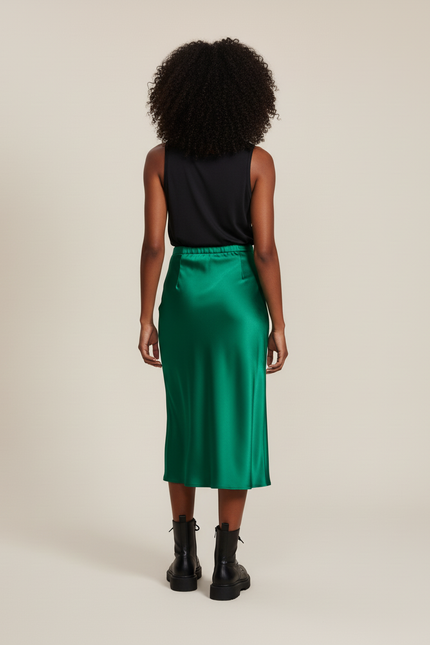 Jupe Satin Verte Fendue Fluide