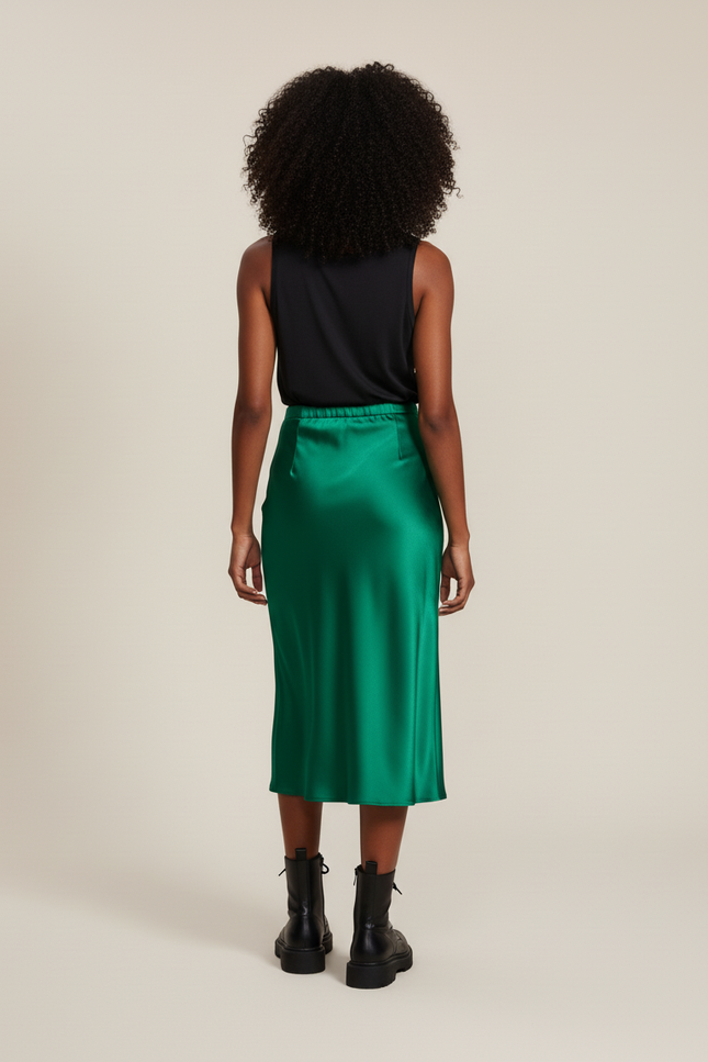 Jupe Satin Verte Fendue Fluide