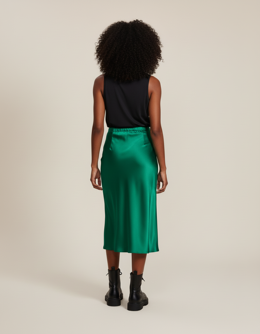 Jupe Satin Verte Fendue Fluide