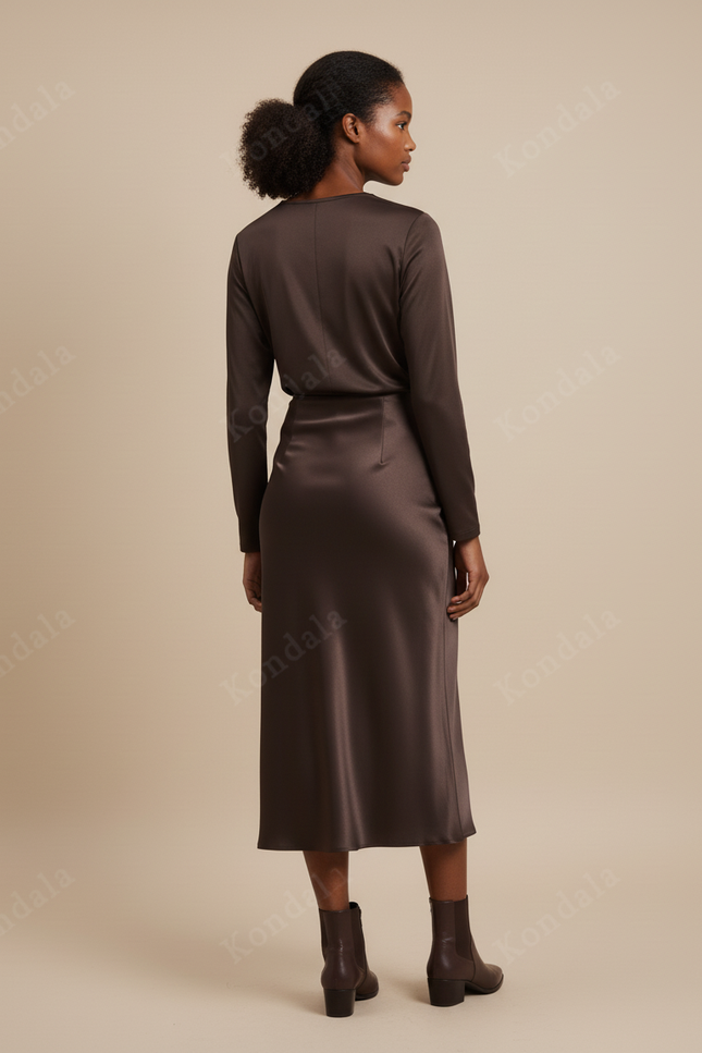 Jupe Satin Midi Marron Élégante Quotidienne