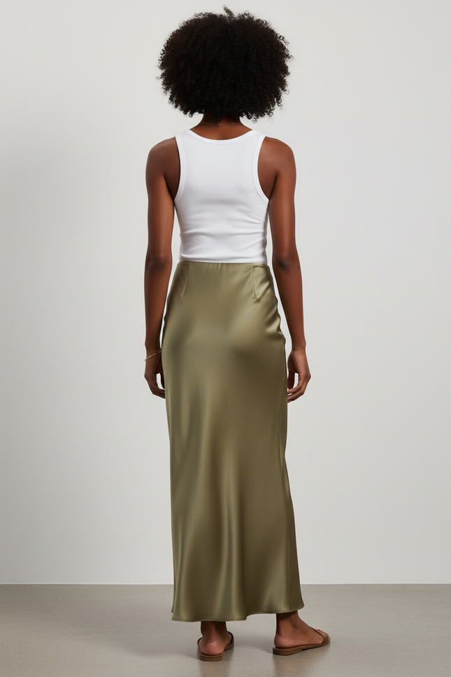 Jupe Satin Kaki Longue Fluide