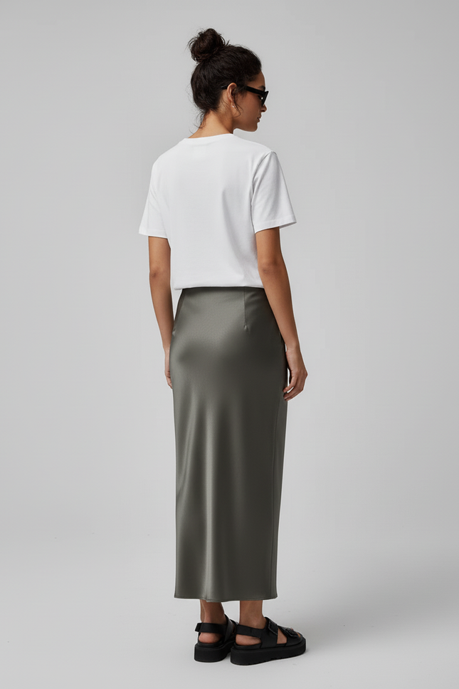 Jupe Satin Longue Kaki Fluide