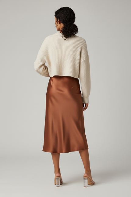 Jupe Satin Marron Fendue Fluide