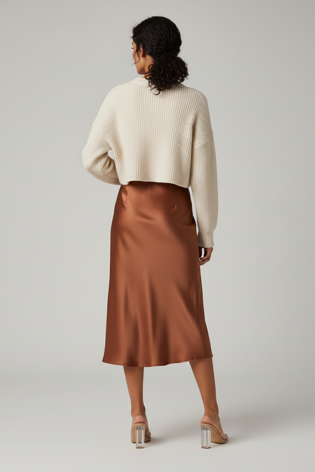 Jupe Satin Marron Fendue Fluide