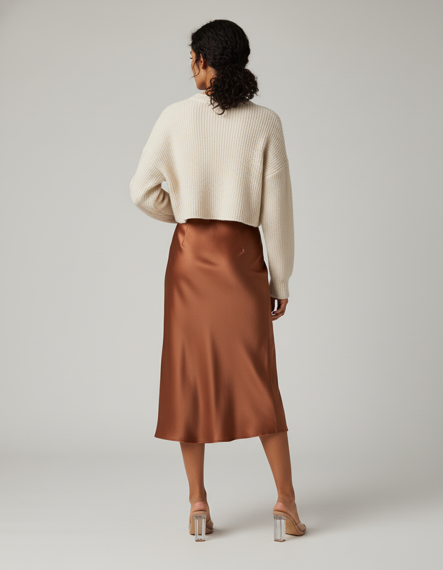 Jupe Satin Marron Fendue Fluide