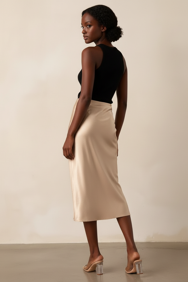 Jupe Satin Beige Fendue Chic