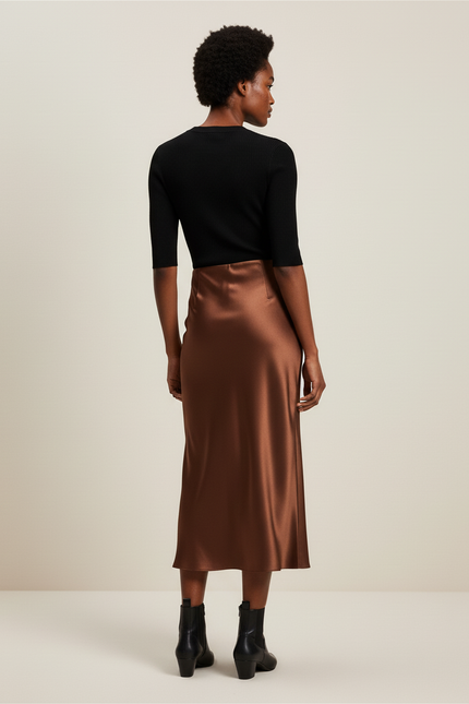 Jupe Satin Marron Longue Élégante Tendance