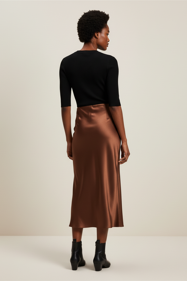 Jupe Satin Marron Longue Élégante Tendance