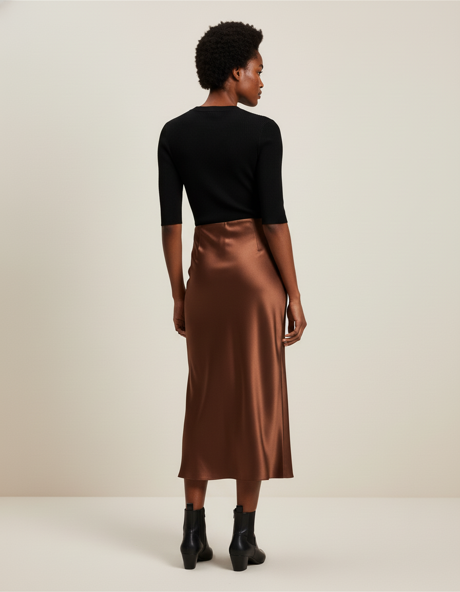 Jupe Satin Marron Longue Élégante Tendance