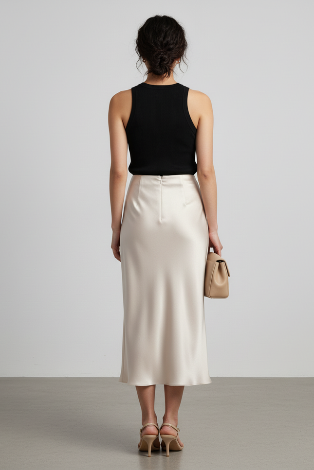 Jupe Satin Beige Longue Élégante