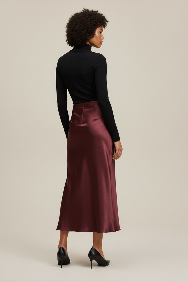 Jupe Satin Bordeaux Fluide Élégante Sophistiquée