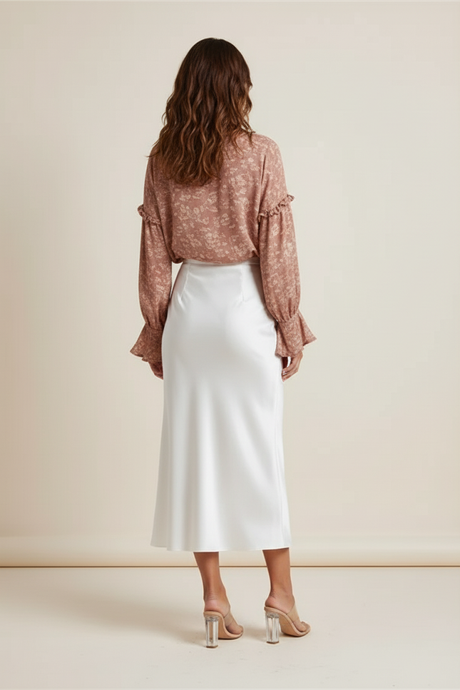 Jupe Satin Blanche Midi Fluide