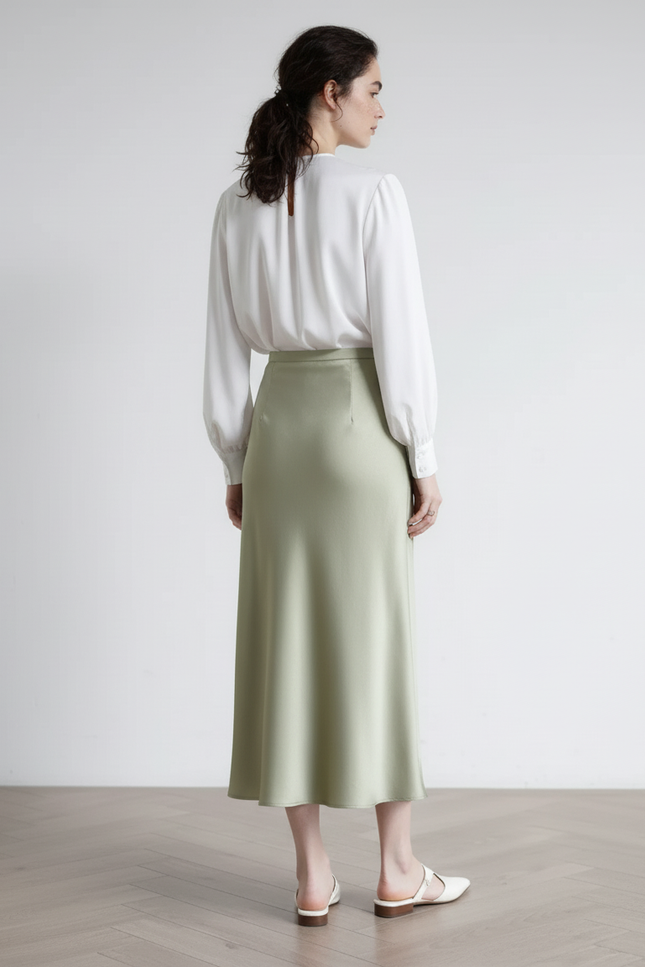 Jupe Satin Vert Sauge Midi Fluide