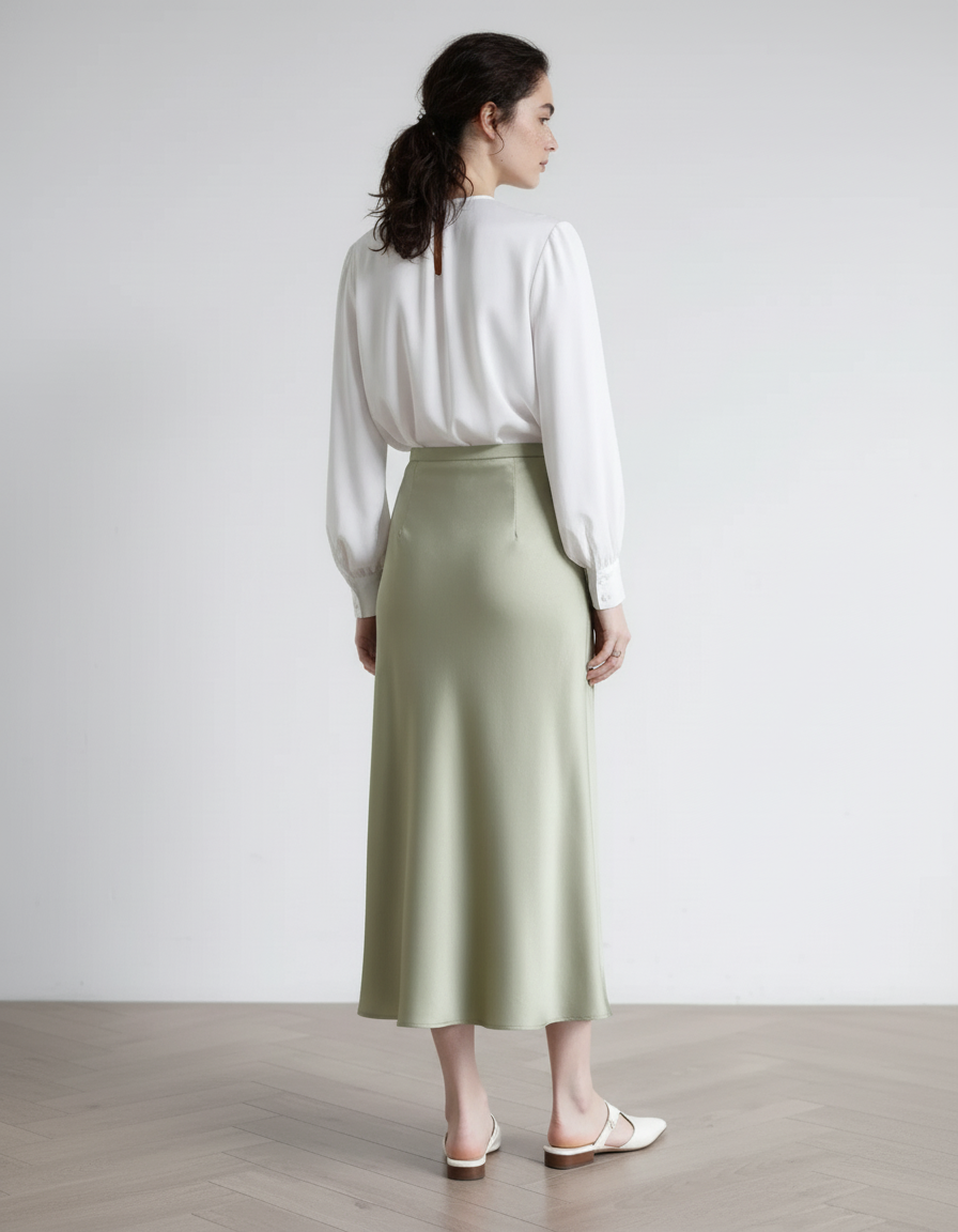 Jupe Satin Vert Sauge Midi Fluide