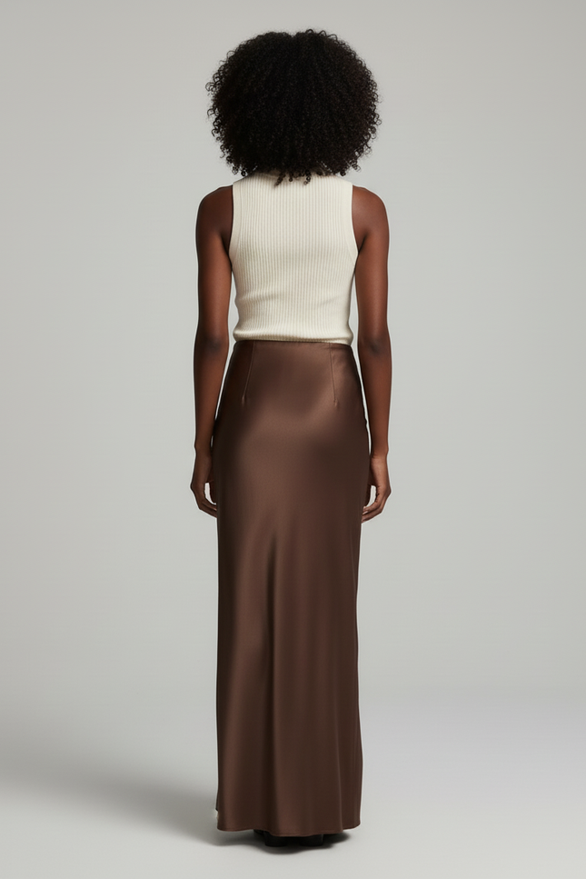 Jupe Satin Marron Fendue Élégante