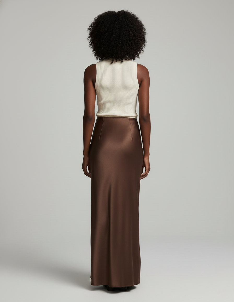 Jupe Satin Marron Fendue Élégante