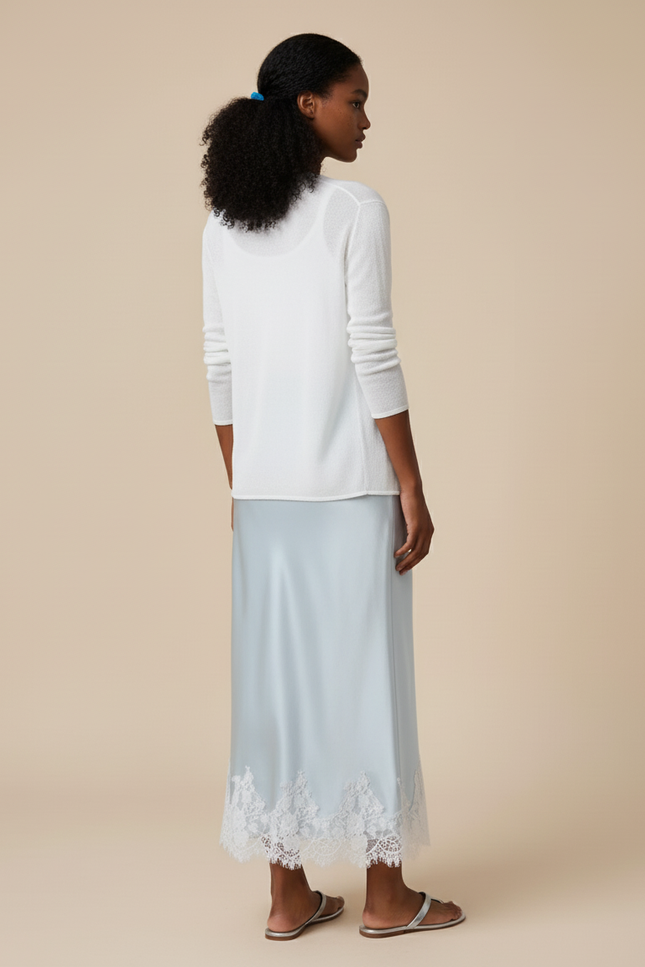 Jupe Satin Élégante Bleu Clair Dentelle